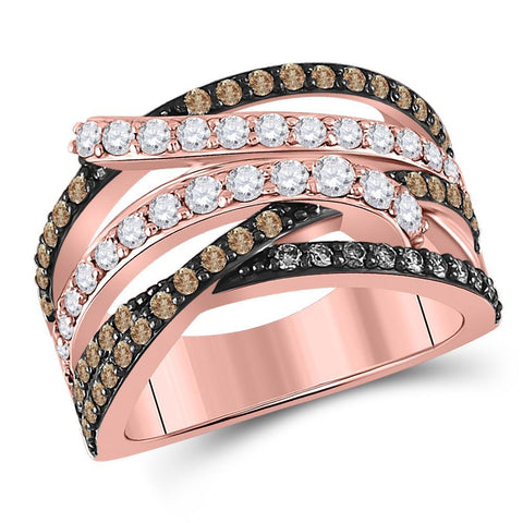 14kt Rose Gold Womens Round Brown Diamond Crossover Fashion Ring 1-1/4 Cttw
