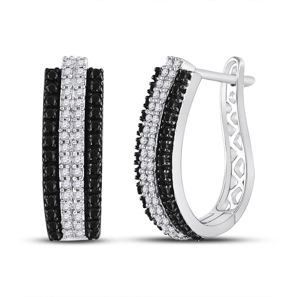 14kt White Gold Womens Round Black Color Enhanced Diamond Hoop Earrings 1 Cttw