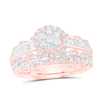 14kt Rose Gold Round Diamond Cluster Bridal Wedding Ring Band Set 1-1/2 Cttw