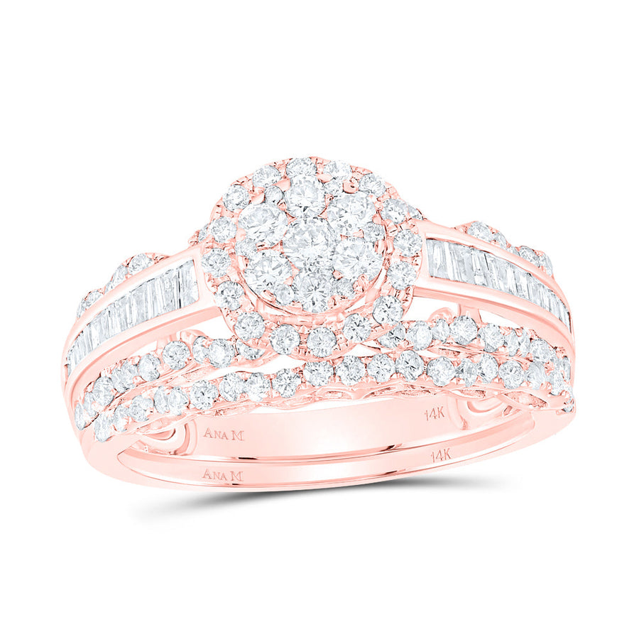 14kt Rose Gold Round Diamond Cluster Bridal Wedding Ring Band Set 1-1/2 Cttw