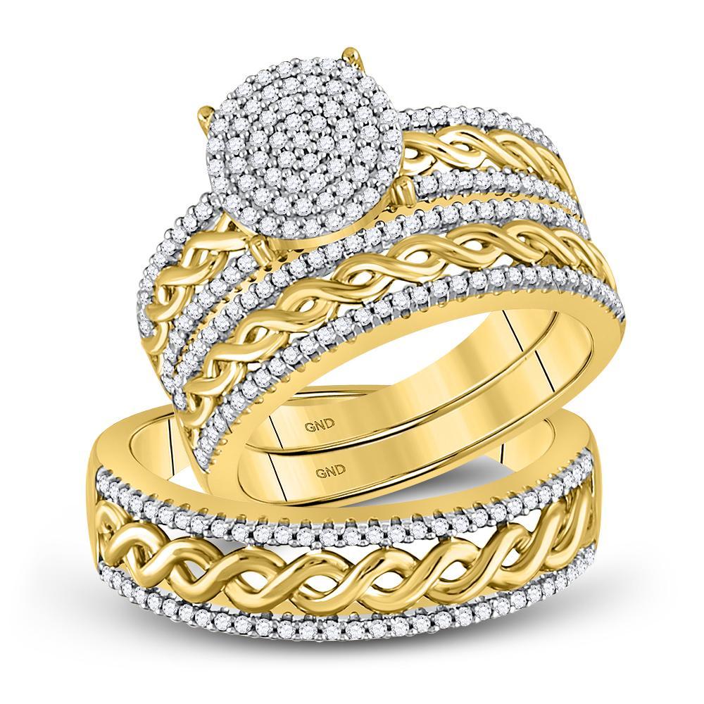 10kt Yellow Gold His Hers Round Diamond Cluster Matching Wedding Set 5/8 Cttw