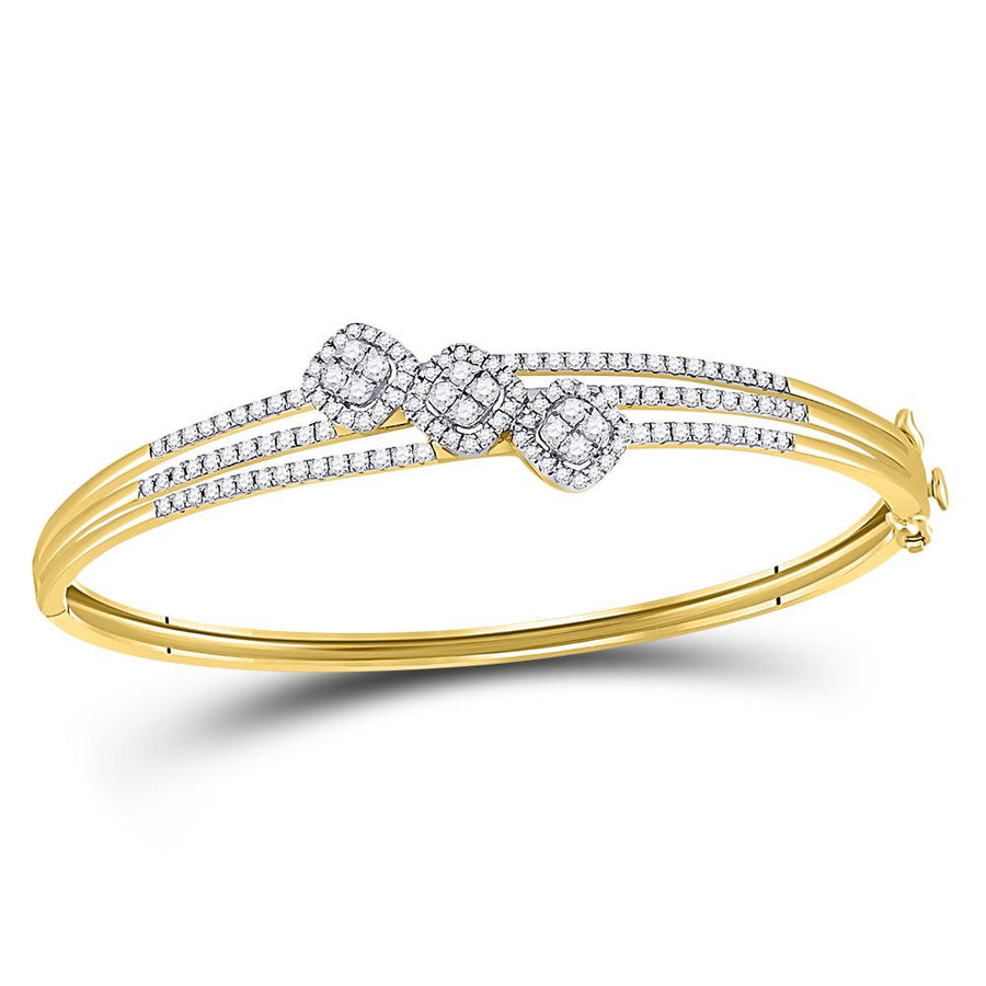 14kt Yellow Gold Womens Round Diamond Triple Cluster Bangle Bracelet 1-1/4 Cttw