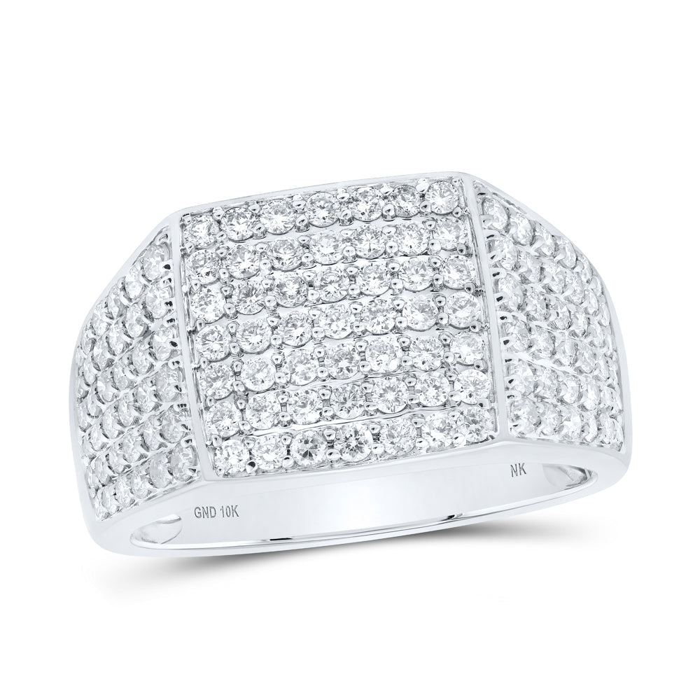 10kt White Gold Mens Round Diamond Pave Square Ring 1-1/2 Cttw