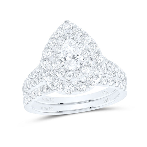 14kt White Gold Pear Diamond Halo Bridal Wedding Ring Band Set 2 Cttw