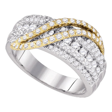 10kt White Gold Womens Round Diamond Yellow-tone Crossover Stripe Band Ring 1 Cttw