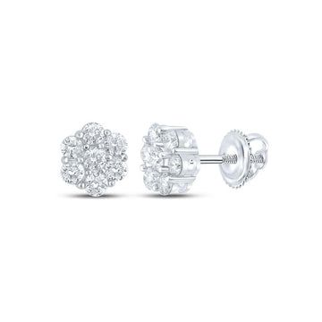14kt White Gold Round Diamond Flower Cluster Earrings 5/8 Cttw