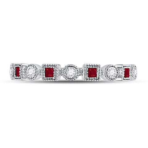 10kt White Gold Womens Princess Ruby Diamond Square Dot Milgrain Stackable Band Ring 1/8 Cttw