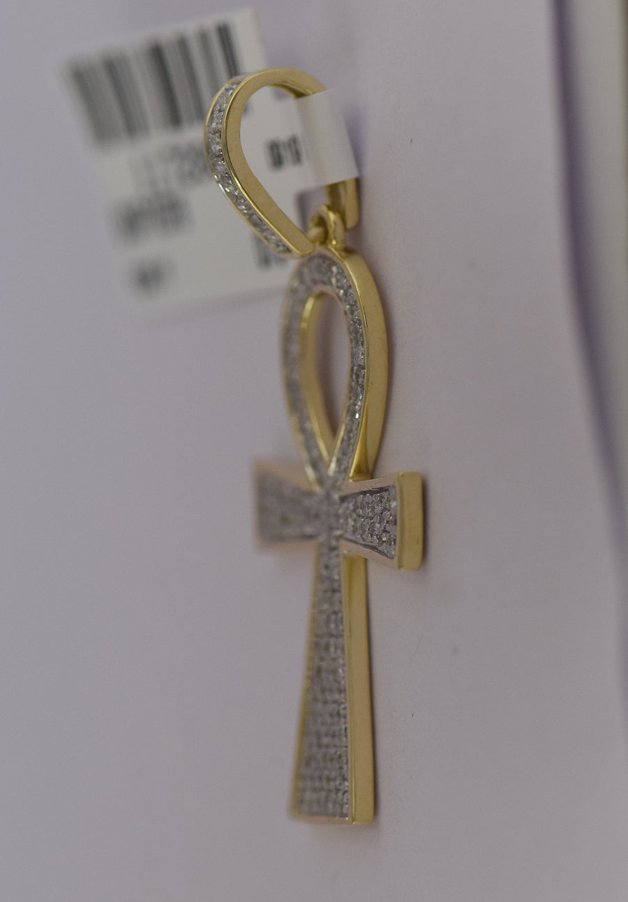 10kt Yellow Gold Mens Round Diamond Ankh Cross Charm Pendant 1/3 Cttw