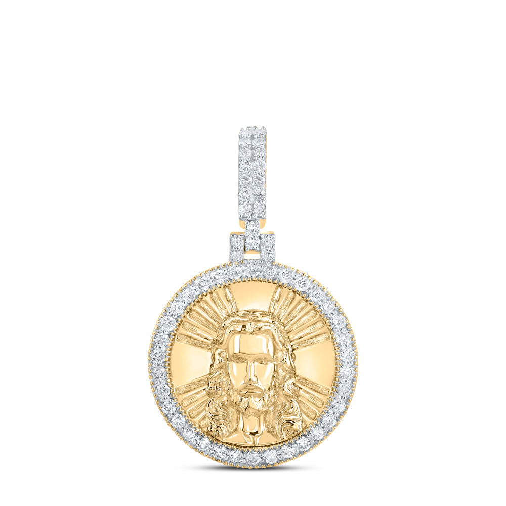 10kt Yellow Gold Mens Round Diamond Jesus Face Circle Charm Pendant 3/4 Cttw