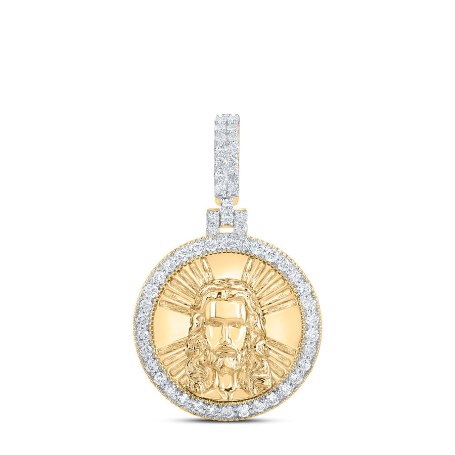 10kt Yellow Gold Mens Round Diamond Jesus Face Circle Charm Pendant 3/4 Cttw