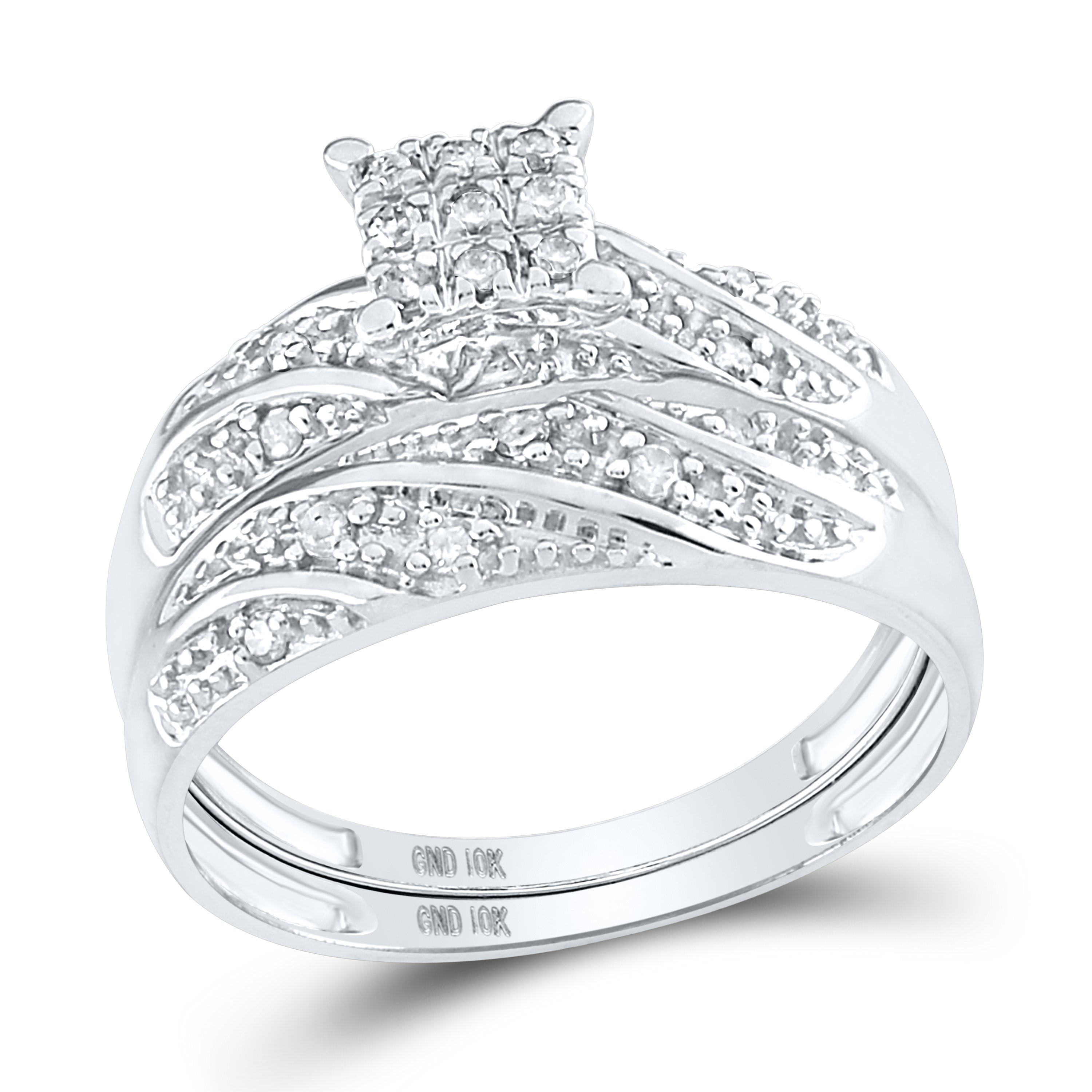 10kt White Gold His Hers Round Diamond Square Matching Wedding Set 1/3 Cttw