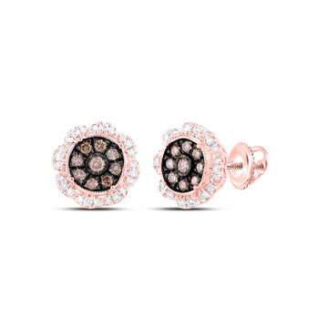 10kt Rose Gold Womens Round Brown Diamond Cluster Earrings 5/8 Cttw