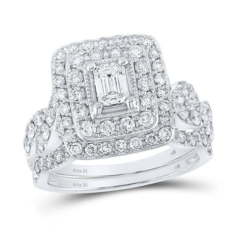 14kt White Gold Emerald Diamond Bridal Wedding Ring Band Set 2 Cttw
