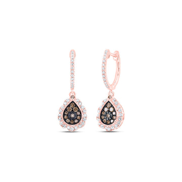 10kt Rose Gold Womens Round Brown Diamond Teardrop Dangle Earrings 1/2 Cttw