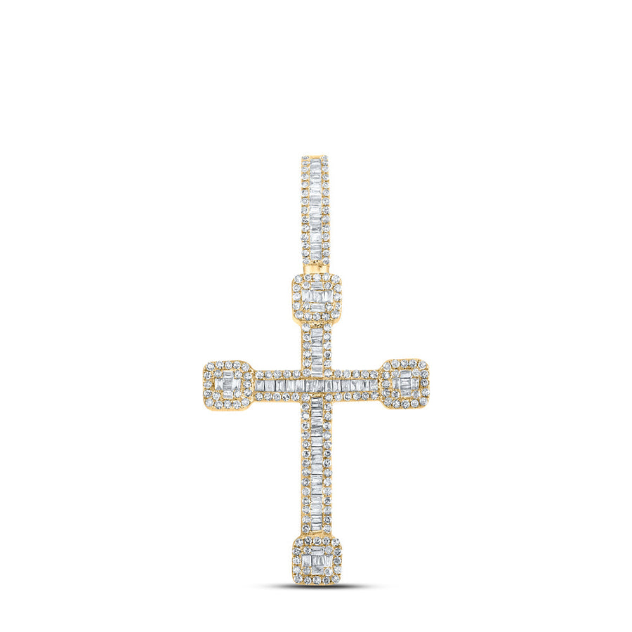 10kt Yellow Gold Mens Baguette Diamond Cross Charm Pendant 7/8 Cttw