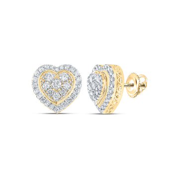 14kt Yellow Gold Womens Round Diamond Heart Earrings 1-1/4 Cttw