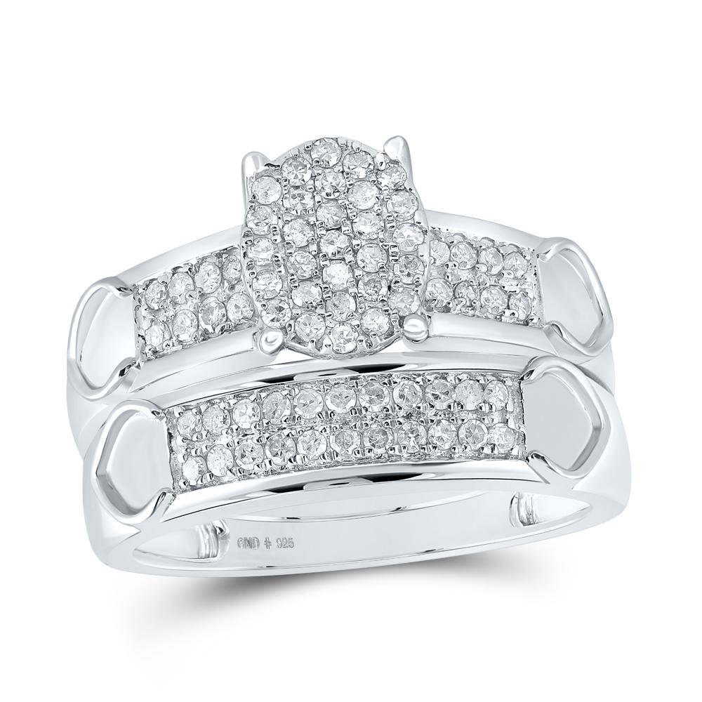 Sterling Silver His Hers Round Diamond Cluster Matching Wedding Set 3/4 Cttw