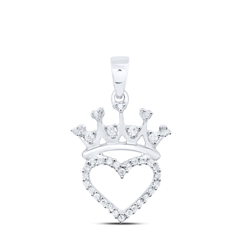 Sterling Silver Womens Round Diamond Crown Heart Pendant 1/10 Cttw