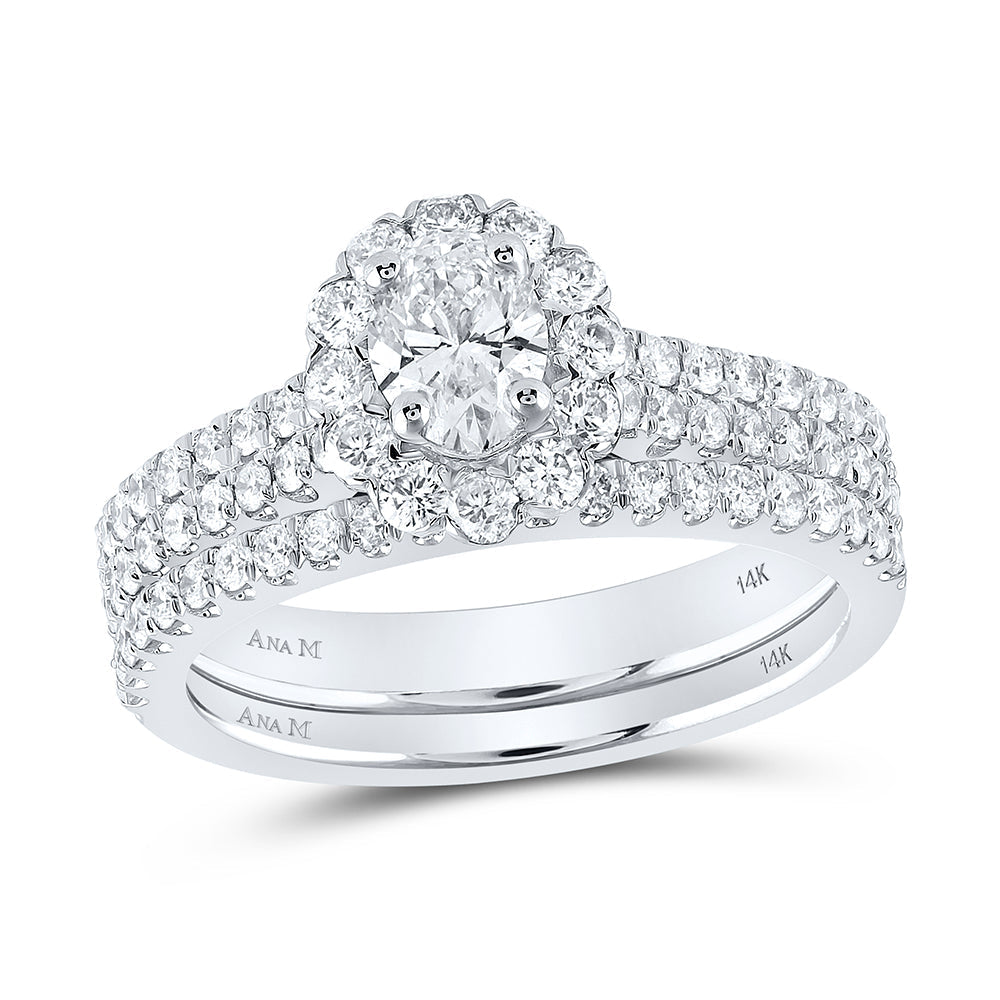 14kt White Gold Oval Diamond Bridal Wedding Ring Band Set 1-1/2 Cttw