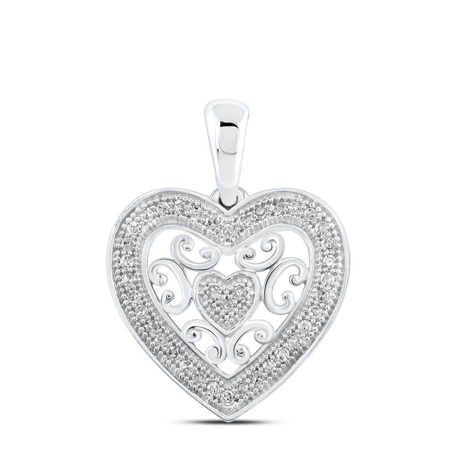 10kt White Gold Womens Round Diamond Heart Pendant 1/8 Cttw