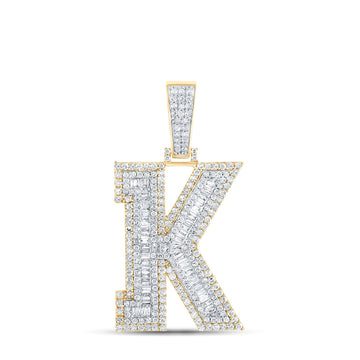 14kt Two-tone Gold Mens Baguette Diamond K Initial Letter Charm Pendant 1-7/8 Cttw