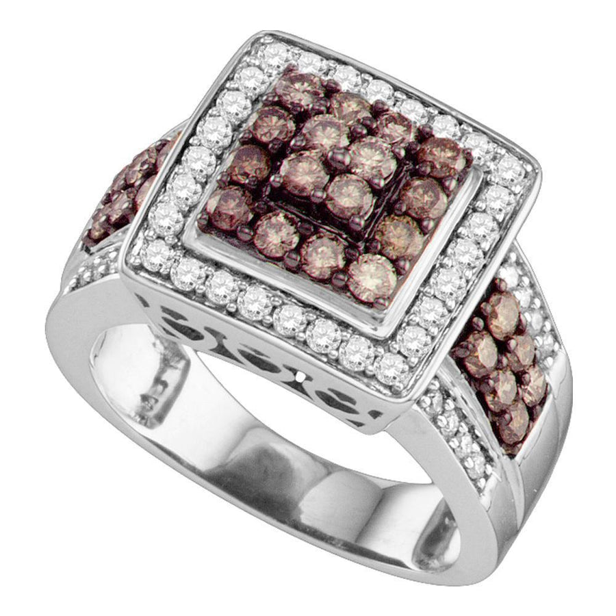 10kt White Gold Womens Round Brown Diamond Square Cluster Ring 1-1/2 Cttw