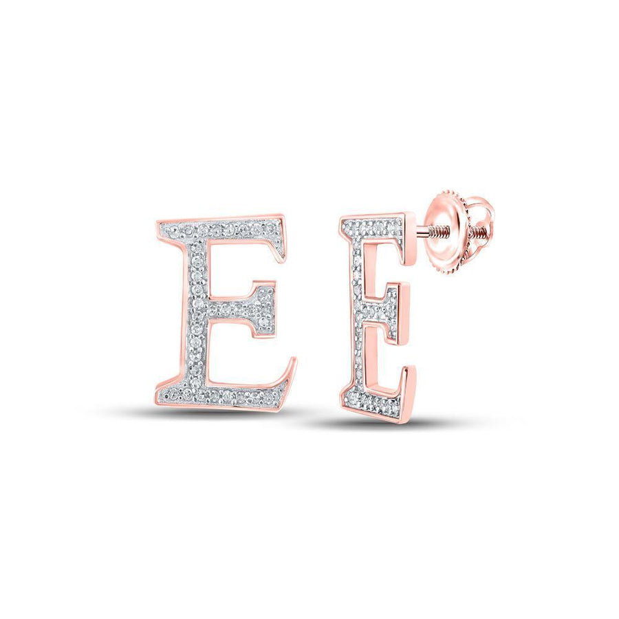 10kt Rose Gold Womens Round Diamond E Initial Letter Earrings 1/8 Cttw