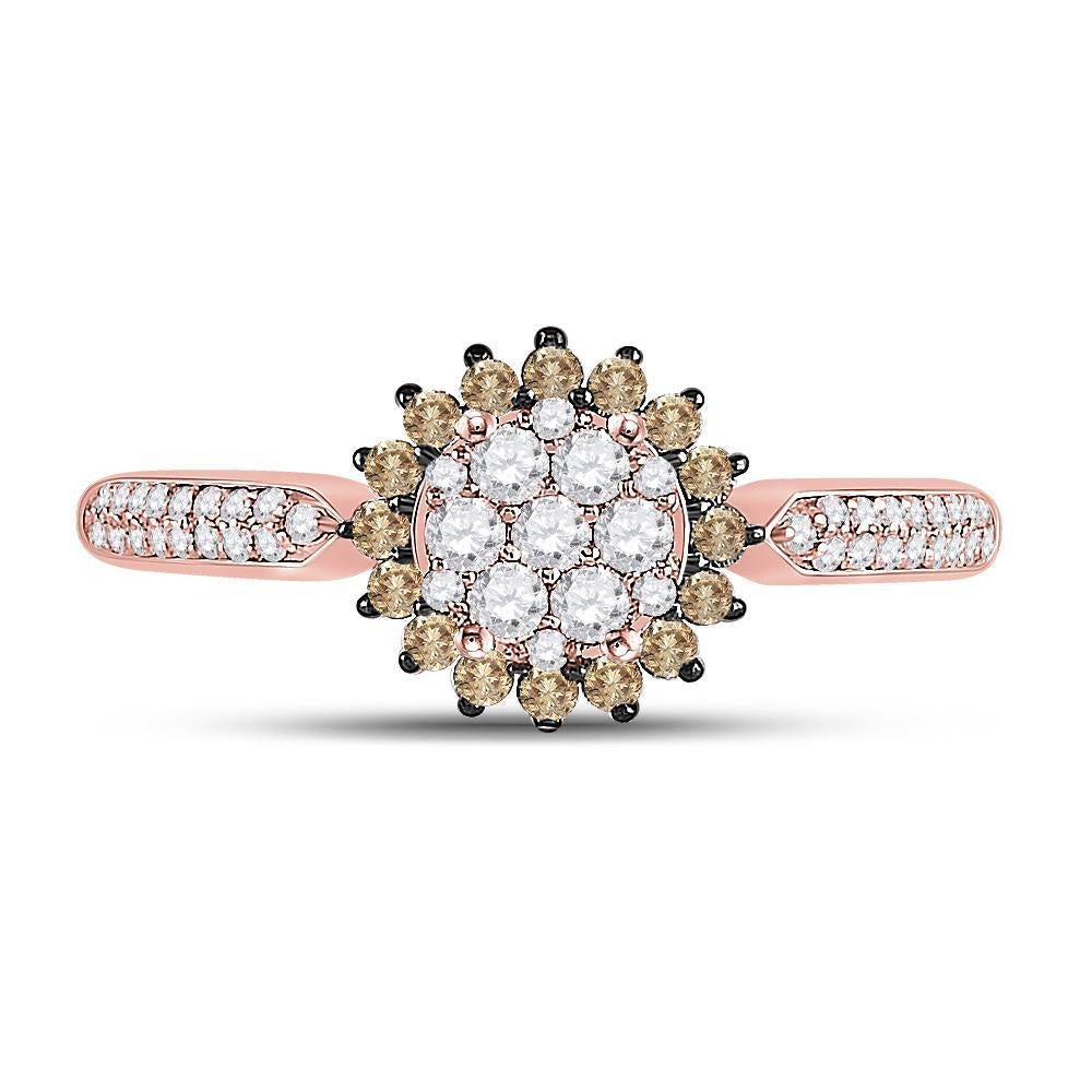 10kt Rose Gold Womens Round Brown Diamond Halo Cluster Ring 1/2 Cttw