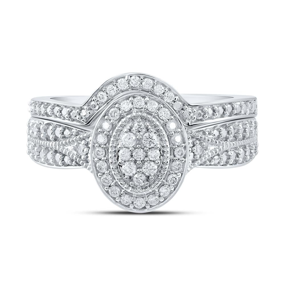 10kt White Gold Round Diamond Halo Cluster Bridal Wedding Ring Band Set 1/5 Cttw