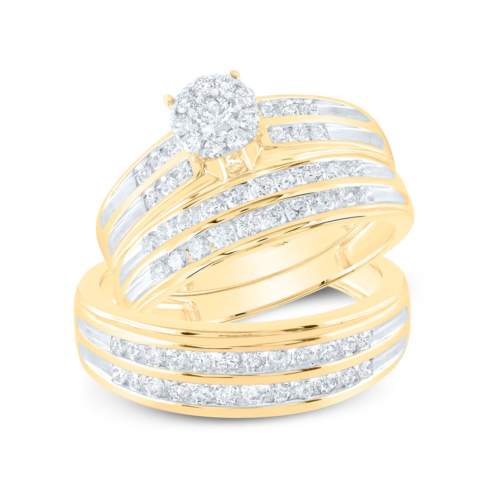 10kt Yellow Gold His Hers Round Diamond Cluster Matching Wedding Set 1-1/5 Cttw
