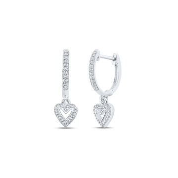 10kt White Gold Womens Round Diamond Heart Hoop Dangle Earrings 1/6 Cttw