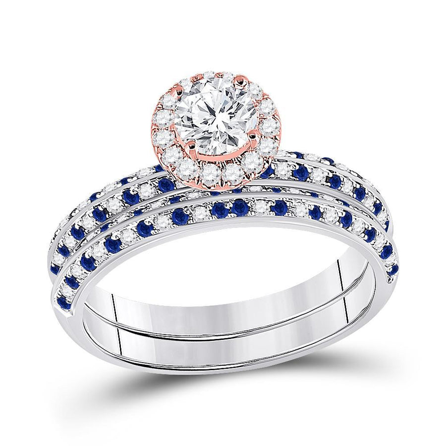 14kt Two-tone Gold Womens Round Diamond Blue Sapphire Bridal Wedding Ring Band Set 1-1/5 Cttw