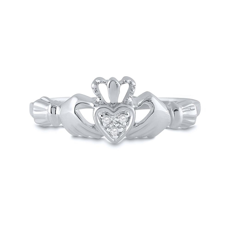 10kt White Gold Womens Round Diamond Claddagh Heart Ring .02 Cttw