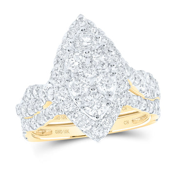 10kt Yellow Gold Round Diamond Marquise-shape Bridal Wedding Ring Band Set 2 Cttw
