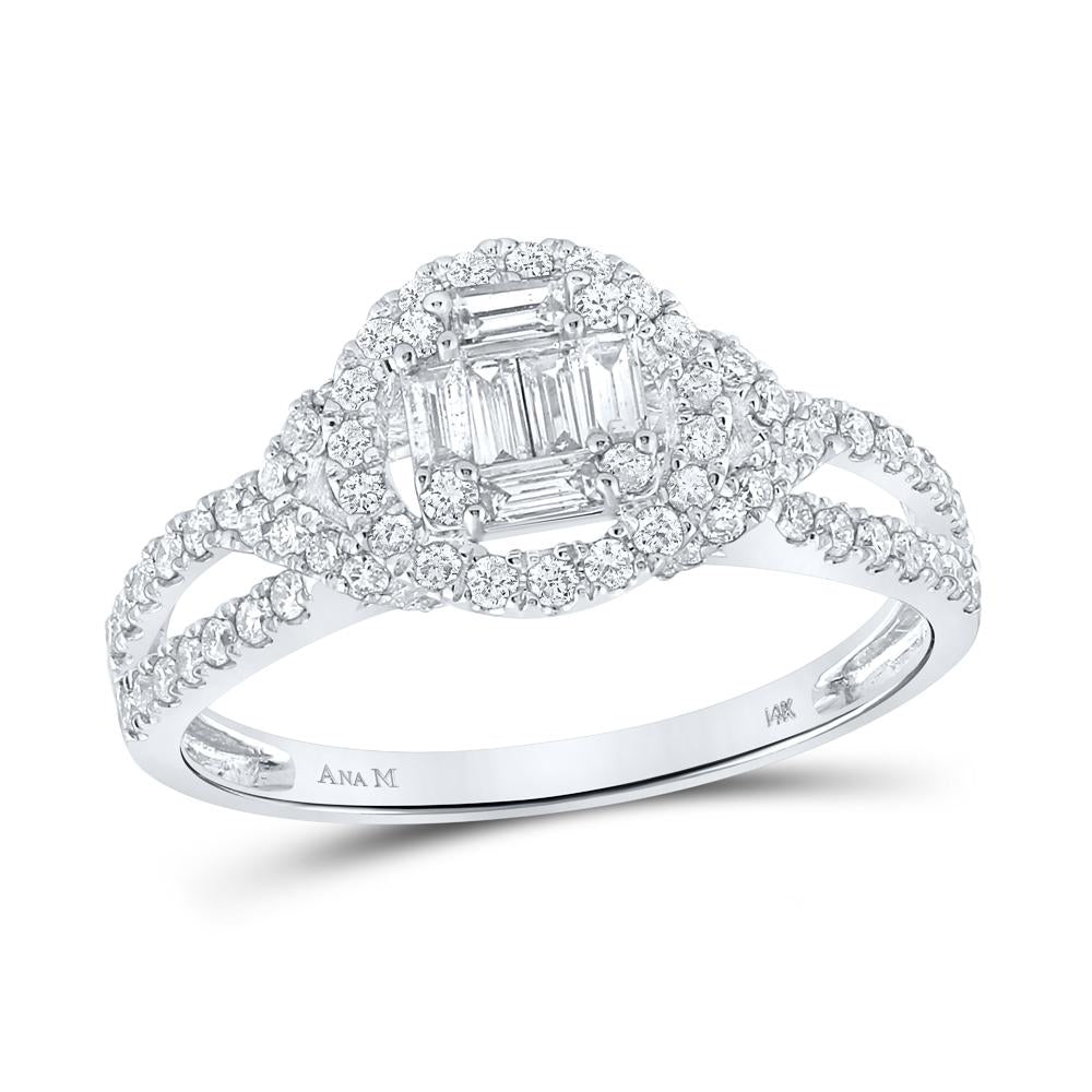14kt White Gold Womens Baguette Diamond Halo Ring 3/4 Cttw