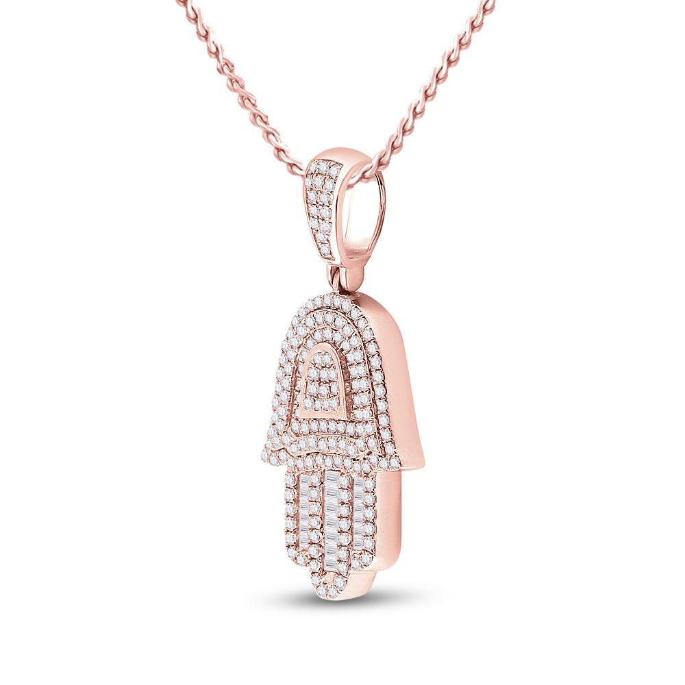 10kt Rose Gold Mens Baguette Diamond Hamsa Hand Charm Pendant 3/4 Cttw