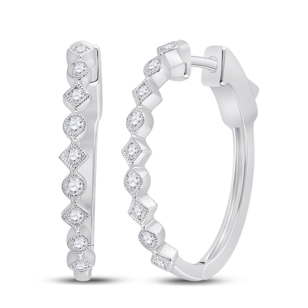 14kt White Gold Womens Round Diamond Milgrain Square Dot Hoop Earrings 1/2 Cttw