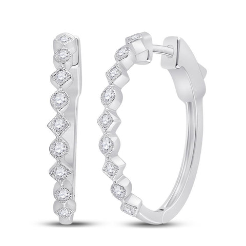 14kt White Gold Womens Round Diamond Milgrain Square Dot Hoop Earrings 1/2 Cttw
