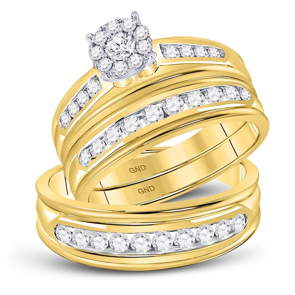 14kt Yellow Gold His Hers Round Diamond Cluster Matching Wedding Set 1 Cttw