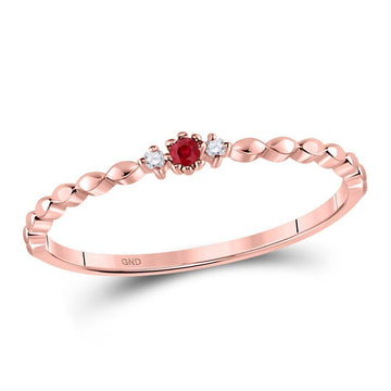 10kt Rose Gold Womens Round Ruby Diamond Stackable Band Ring .03 Cttw