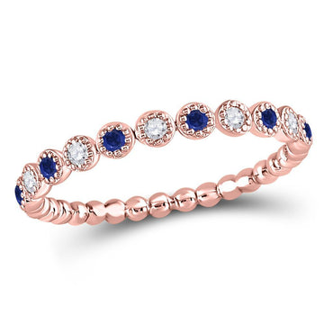 10kt Rose Gold Womens Round Blue Sapphire Diamond Beaded Dot Stackable Band Ring 1/6 Cttw