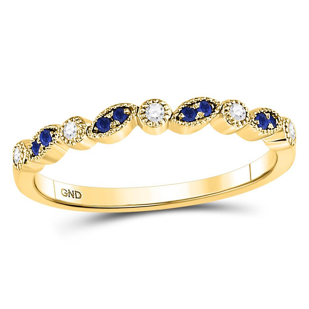 10kt Yellow Gold Womens Round Blue Sapphire Diamond Stackable Band Ring 1/10 Cttw