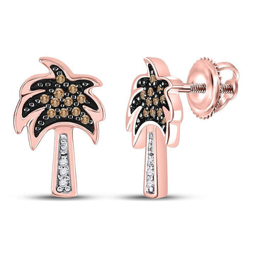 10kt Rose Gold Womens Round Brown Diamond Palm Tree Earrings 1/8 Cttw