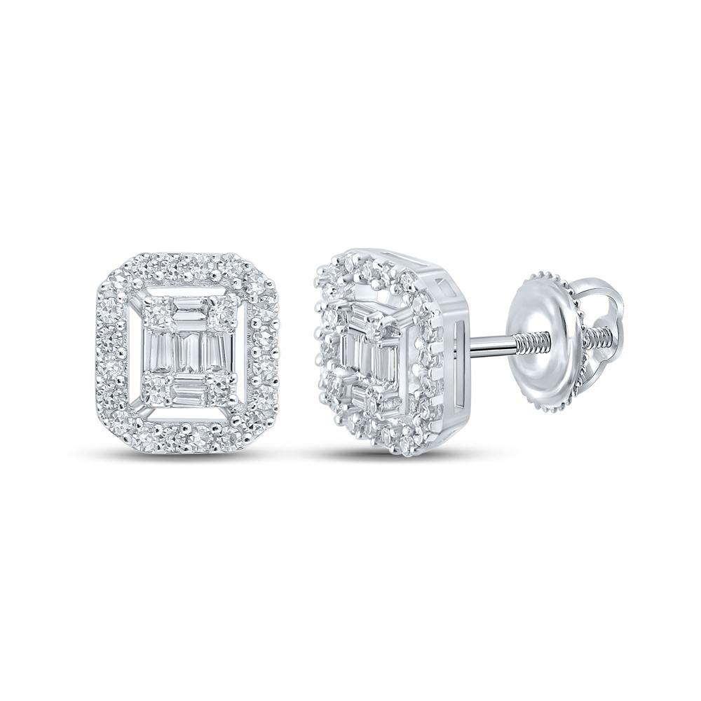 14kt White Gold Baguette Diamond Cluster Earrings 1/4 Cttw