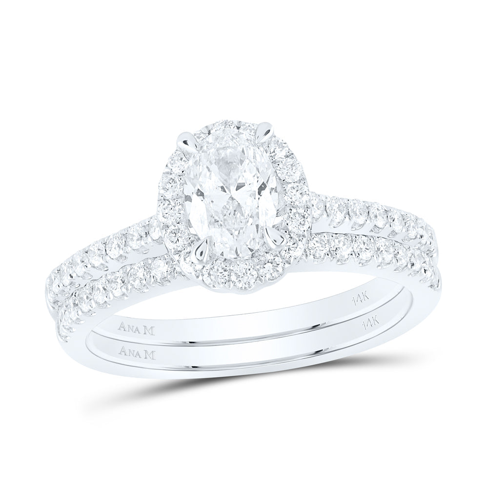 14kt White Gold Oval Diamond Bridal Wedding Ring Band Set 1-1/3 Cttw