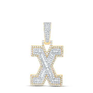 10kt Yellow Gold Mens Baguette Diamond X Initial Letter Charm Pendant 5/8 Cttw