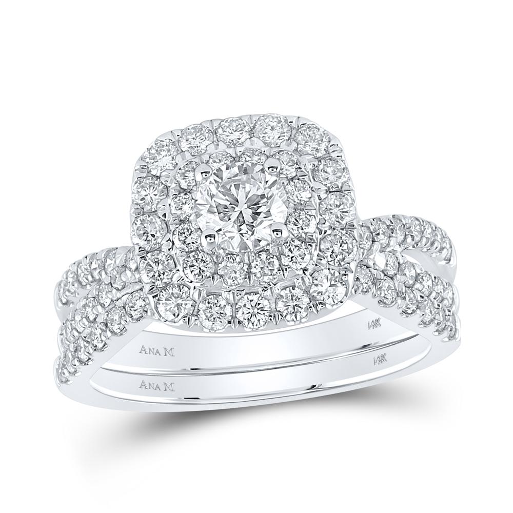 14kt White Gold Round Diamond Halo Bridal Wedding Ring Band Set 1-1/2 Cttw