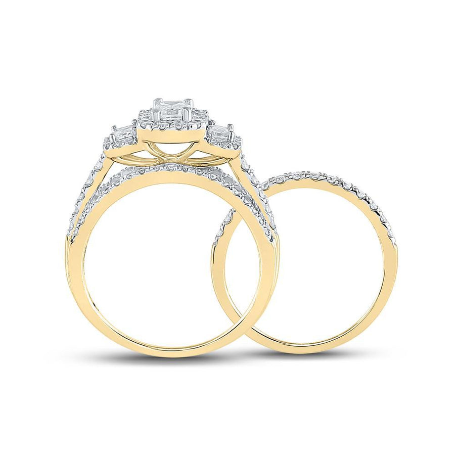 14kt Yellow Gold Emerald Diamond 3-Stone Bridal Wedding Ring Band Set 1-1/2 Cttw