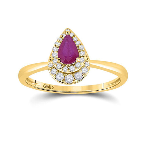 14kt Yellow Gold Womens Pear Ruby Diamond Halo Solitaire Ring 3/4 Cttw