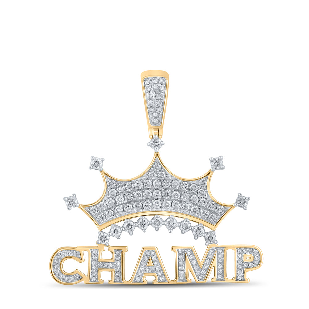 10kt Yellow Gold Mens Round Diamond Champ Crown Phrase Charm Pendant 1-1/4 Cttw